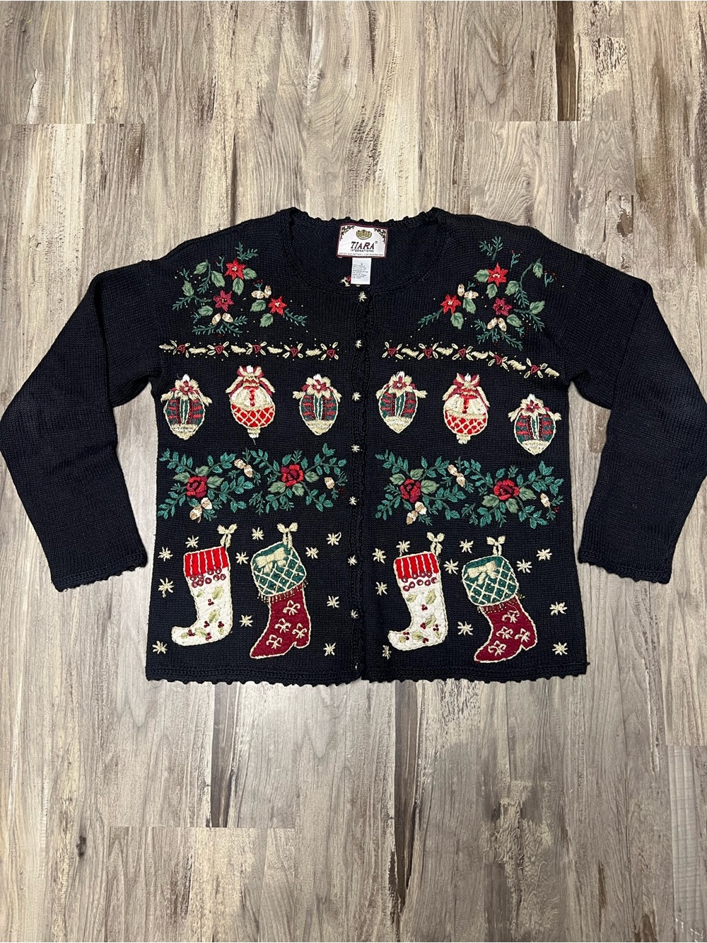 Vintage 2001 Tiara International Christmas Cardigan Sweater Small Embroidered